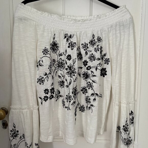 Anthropologie Off-The-Shoulder Top with Floral Embroidery & Bell Sleeves… - Picture 1 of 9